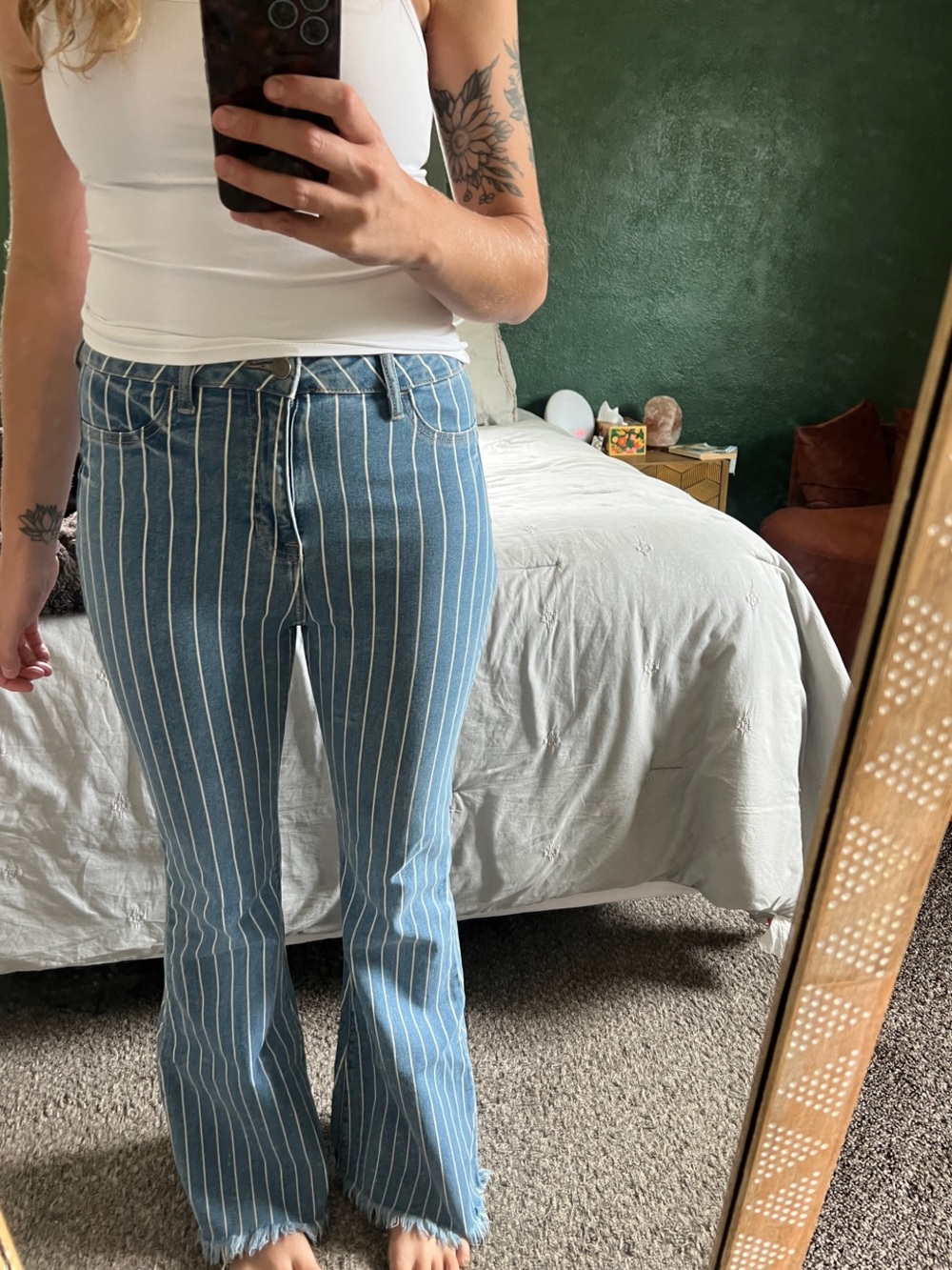 Cello Blue and White Vertical-Strip Flare Jeans